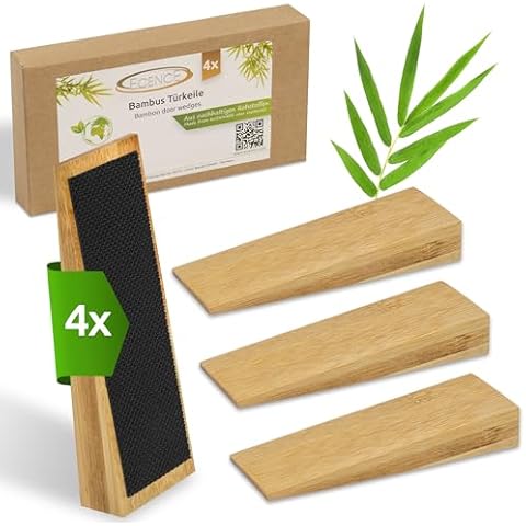 ECENCE 4X Bamboo Door Wedges with Rubber, Non-Slip Door Stopper for All Doors, Bamboo Wedge for Bedroom Door, Steel Door, Front Door, Glass Door Cover