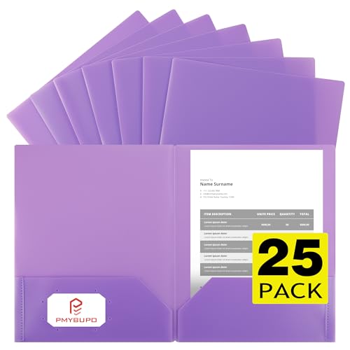 pmybupo 25Pack Purple Plastic Folders with Pockets,Durable Heavy Duty File Folders with Business Card Slot,2-Pocket Folder for Kids,Home,School,Office