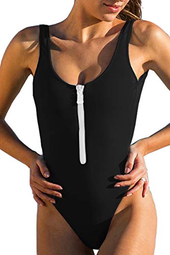 Chyrii Womens One Piece Swimsuit Monokini Zipper Front High Cut Bathing Suit Black M #TOP3