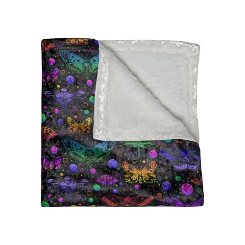 Black Rainbow Butterfly Crushed Velvet Blanket, Celestial Moon Spooky Halloween