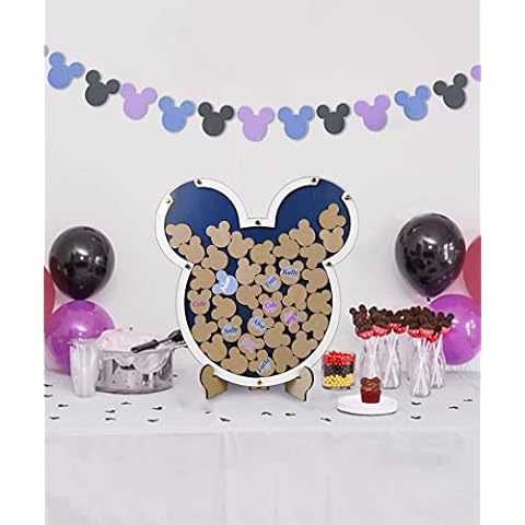 PAPA LONG Woodland Baby Shower Guest Book for Mickey Mouse Baby Shower or Birthday Party Decorations Including 42pcs Small Wooden Mouse Head Cutouts for Wishes Cover