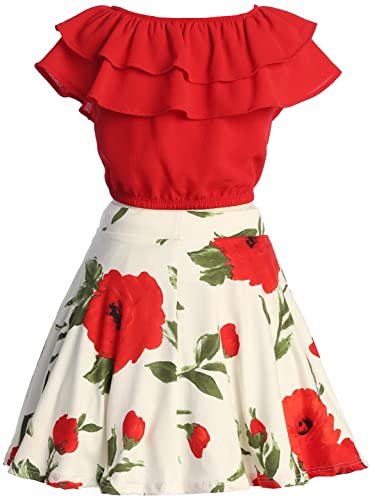 Image of Cold Shoulder Crop Top Ruffle Layered Top Flower Girl Skirt Sets for Girl
