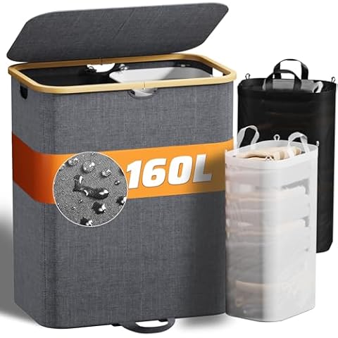 XLHOMO 160L Laundry Hamper with Lid, Grey Laundry Hamper 2 Section with Removable Bags, Double Laundry Hamper with Handles, Laundry Basket Organizer forBathroom, Dirty Clothes Hamper for Bedroom Cover