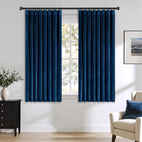 ANRODUO Navy Blue Velvet Curtains 63 Inches Long 2 Panels for Bedroom