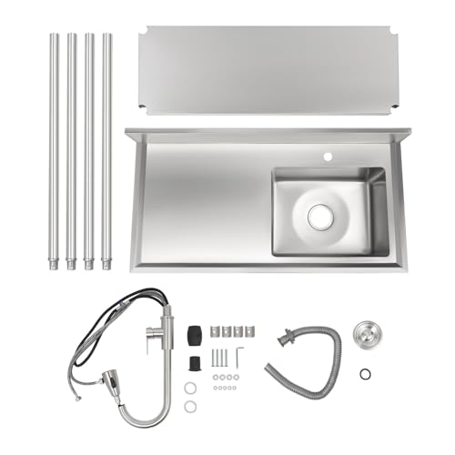 Stainless Steel Sink, Free Standing Single Bowl Utility Sink Set with Faucet & Storage Shelves, Outdoor Sink with Hot & Cold Hoses for Garden Garage Commercial Restaurant - Thumbnail 7