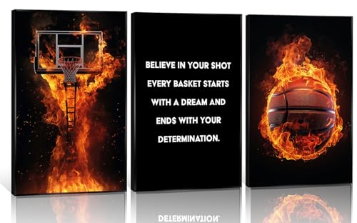 3 lienzos de baloncesto para pared, diseño de arte inspirador de deportes, decoración de pared, llama, baloncesto, citas motivacionales, póster impreso para gimnasio, adolescentes, decoración de