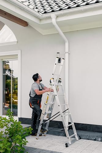 DRABEST - Home - Aluminium-Leiter - 3x6 Sprossen - Max. 2,97 m lang - Max. Arbeitshöhe 3,98 m - bis 150 kg - 3-teilig - Mehrzweck-, Steh-, Auszieh- Klappleiter - rutschfest - Verstellbar