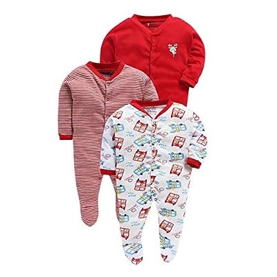 Pooja Baby Rompers Sleepsuit Kid's Cotton All Over Print Night Suits Pack of 3 (9-12 Months, RED)