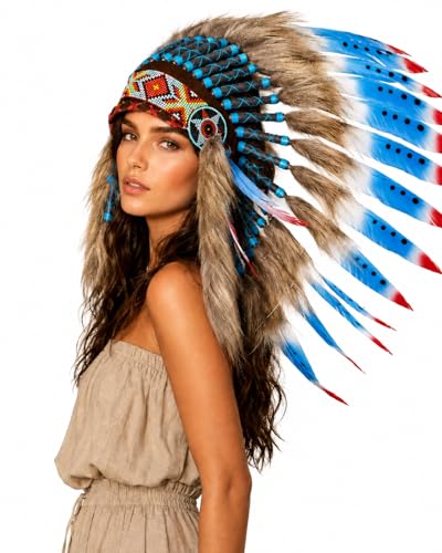 The World of Feathers Native American Indian Inspired Feather Headdress(Length: Short) (USA Flag Swan)