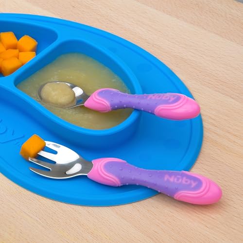 Nuby - Utensili In Acciaio Inox, 2 Pezzi, Colore: Rosa/Viola - 3