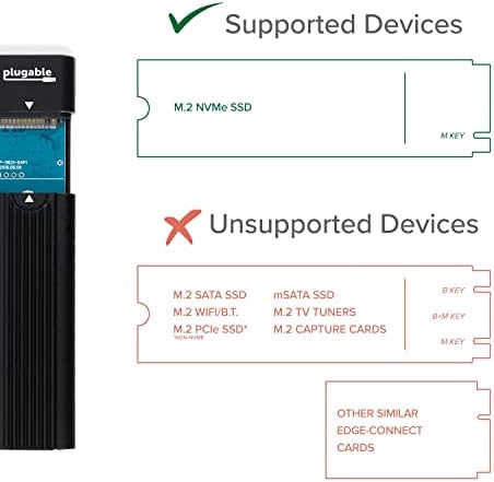 Plugable USB C to M.2 NVMe Tool-free Enclosure USB C and Thunderbolt 3 Compatible up to USB 3.1 Gen 2 Speeds (10Gbps). Adapter Includes USB-C and USB 3.0 Cables (Supports M.2 NVMe SSDs 2280 2260 2242)