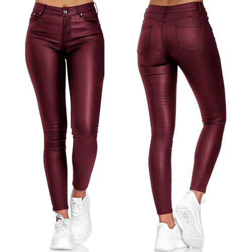 NIULI Leggings De Cuero Sintético For Mujer, Pantalones Deportivos Opacos De Cintura Alta De Entrenamiento Elásticos De Cuero Sintético, Mallas, Pantalones De Cuero Ajustados(Red wine,XXL)