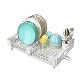 SAYZH Escurreplatos, Escurridor De Platos Extensible(33.5 CM-50 CM) De Gran Capacidad con Soporte para Cubiertos Extraíble y Caño De Drenaje Giratorio para Encimera De Cocina Ahorre Espacio(Blanco)