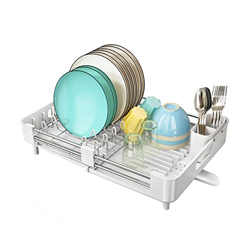 SAYZH Dish Drainer, Kitchen Dish Drainer Rack, Expandable Sink Organizer Dish Rack with Drainboard and Auto drain Spout Utensil Holder Cups Holder for Kitchen Counter Save Place(White)