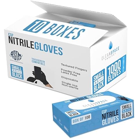 CLEAN SPACE PROJECT Nitrile Gloves - Disposable, Latex-Free, Powder-Free, Food Safe - Black Gloves for Cooking, Cleaning, Tattooing, Detailing & More (Small, Box of 100 & Case of 1000, Bundle Pack) Cover