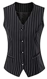 Gowjog Damen Weste Anzugweste Gefüttert Button Up V-Ausschnitt Smoking Vintage Jacke Dressy Ärmellos Westen(Schwarz Nadelstreifen,L)