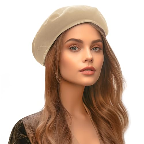 Jeicy Wool Beret Hat Solid Color French Beret with Skily Scarf and Brooch, Beige, One size
