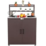 Garden Potting Bench with Storage Cabinet,Outdoor Gardening Table & Work Bench for Plants, Horticulture,Outdoor Workstation with Stainless Steel Tabletop,Outdoor Work Table with Elevated Rack