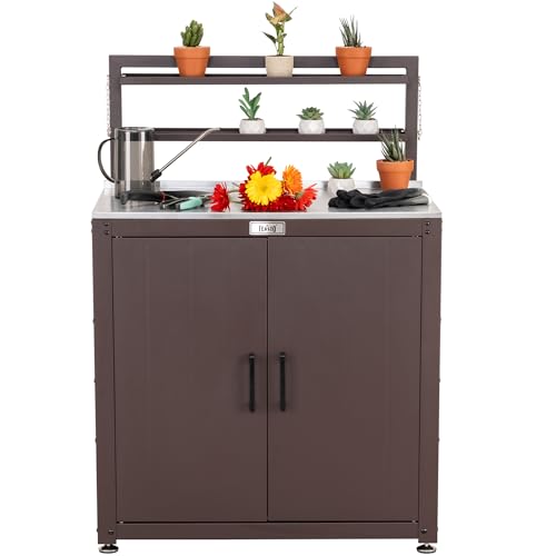 Garden Potting Bench with Storage Cabinet,Outdoor Gardening Table & Work Bench for Plants, Horticulture,Outdoor Workstation with Stainless Steel Tabletop,Outdoor Work Table with Elevated Rack