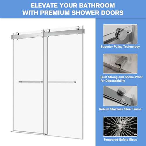 68-72\" W x 76\" H Double Sliding Frameless Soft-Close Shower Door, Waterproof Bathroom Glass Shower Door with Premium3/8 Inch (10mm) Thick Tampered Glass in Matte Brushed Nickel Stainless Steel