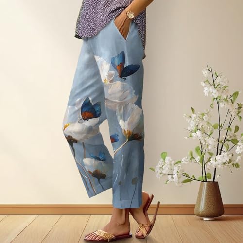 Womens Summer Casual Pants Boho Floral Straight Leg Capris Elastic Waist Capri Pant Lightweight Beach Vacation Trousers2