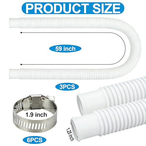 3 Pack Pool Hoses for Above Ground Pools 1.25 x 59 Inch Swimming Pool Pump Replacement Hose White Pools Filter Pump Hoses with Metal Clamps Compatible with Intex Filter Pumps 607, 603, 637, 1000 GPH by Augisteen - Used condition - Image 2