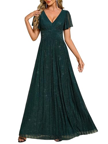 Image of Ever-Pretty Women's V-Neck Glitter Formal Dresses Pleated Short Sleeves Floor Length A-Line Mother of Bride Dress 11961