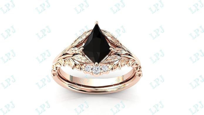1CT-6CT Vintage Kite Shaped Engagement Ring Set Art Deco Leaf Wedding Ring Set Black Gemstone Antique Bridal Ring Set Victorian Filigree Promise Rings Anniversary Ring Set For Women