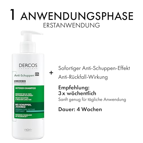 VICHY Anti-Schuppen-Shampoo, Für normales bis fettiges Haar, Juckreiz-mildernd und hydratisierend, Mit Salicylsäure, Selendisulfid und Vitamin E, Dercos Advanced Action Anti-Schuppen, 390 ml