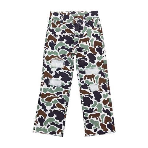 P0413 Todder Western Green camo Ripped Buttons Zipper Straight Kids Girl Jeans Pants2