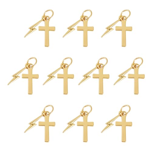 Image of 10Pcs 18K Gold Plated Cross Charms Brass Golden Crucifix with Lightning Bolt Pendants Permant Metal Jewelry Charms with Jump Ring for DIY Bracelet Necklace Earring Jewelry Making