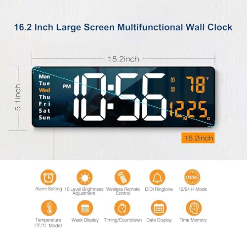Image of Digital Alarm Clock Wall /Table - 16.2 Inch Large LED Display with Date & Week, Remote Control, Big Wall Clock for Bedroom, Living Room, Office (Font Colour May Vary)