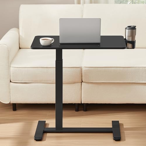 Image of VASAGLE Side Table with Wheels, Mobile Bar Table, 70 x 40 cm Table Top, Adjustable Height, 2 Cup Holders, Slot for Mobile Phone or Tablet, Ink Black LSD600B01