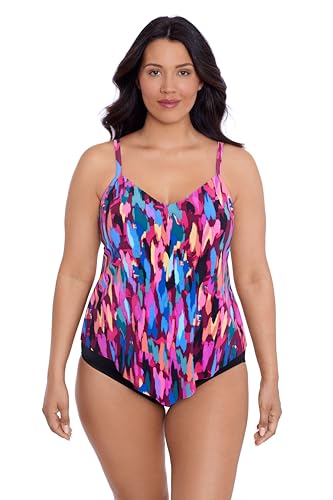 Trimshaper Womens Adjustable Hank Swim Tankini Top with Built-in Bra Support, Prisma Flage, 16