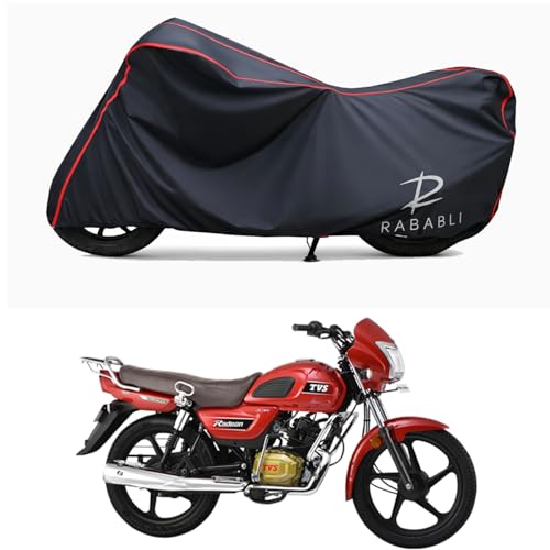 Image of Waterproof Bike Body Cover Compatible for | TVS Radeon | Taffeta Fabric, Red Piping Design, Bottom Elastic Fit | Dustproof, Sun UV & Rain Protection for All Bikes