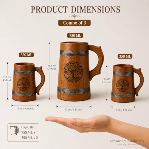 Image of Tree Imprinted Wooden Beer Bar Combo Set|Beer Mug | Barrel Shaped Jumbo Mug|Brown|(2 Small Beer Mug 350ML Size: 5 x 4 inches Each & 1 Beer Jug Large 750ML Size: 7 x 4.5 inches)