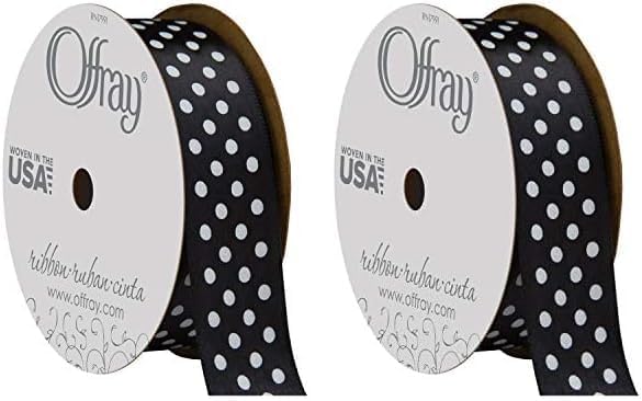 Offray Cinta de satén de una sola cara de 78 pulgadas de ancho, 3 yardas, patrón de lunares blancos y negros (paquete de 2)
