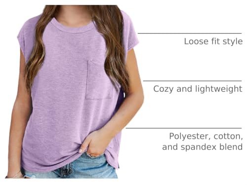 Image of Imily Bela Girls Cap Sleeve Summer Tops Casual Crewneck Loose Tshirts with Pocket
