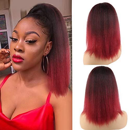 LEOSA 14 inches Black Mix Red Yaki Straight Drawstring Ponytail Short Hair for Women Ponytail Synthetic Hair Extensions(1B-BUG#)