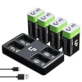 LP 9V Rechargeable Lithium Batteries, 4 Pack 500mAh 9V Battery with Micro USB Charging Station, 9 Volt Long Lasting Rechargeable Battery for Smoke Detector, Electronics & Audio and More