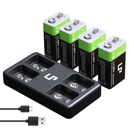 LP 9V Rechargeable Lithium Batteries, 4 Pack 500mAh 9V