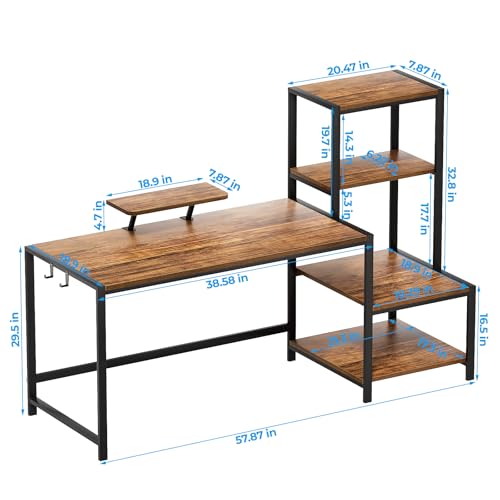 Image of GreenForest Computer Desk 58 inch with Printer Shelf, Reversible Office Desk with Monitor Stand and 2 Hooks, Home Workstation for Study Writing Working Gaming, Brown