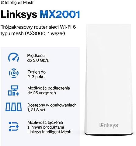 System Linksys Atlas 6 Mesh Wi-Fi 6 dla Całego Domu, Dwuzakresowy Wzmacniacz Sygnału Sieci Bezprzewodowej, 1 Szt, Biały