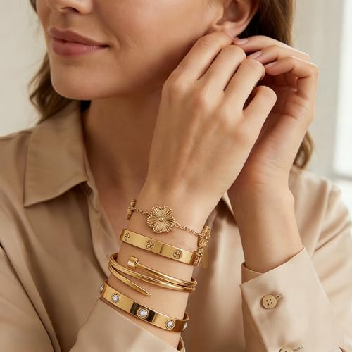 Stackable Gold Bracelets for Women - 4 Sets, 18K Gold Plated Bracelets, Stainless Steel Bangle Bracelets Non-Tarnish, Stylish Gold Jewelry Ensemble, Valentine's Day, Birthday and Christmas Jewelry Gifts — view 4