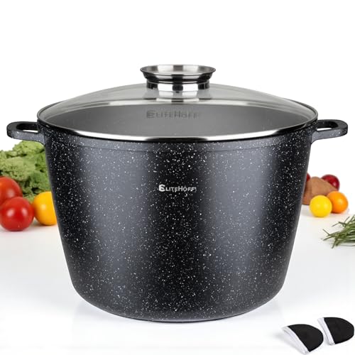 EliteHoff Kochtopf, Suppentopf aus Aluminiumguss mit Antihaftbeschichtung, Induktionstopf mit Glasdeckel, Für alle Herdarten inkl. Induktion, Gas, Elektro, Halogen, Keramik (Schwarz, 15L Ø 32 cm)
