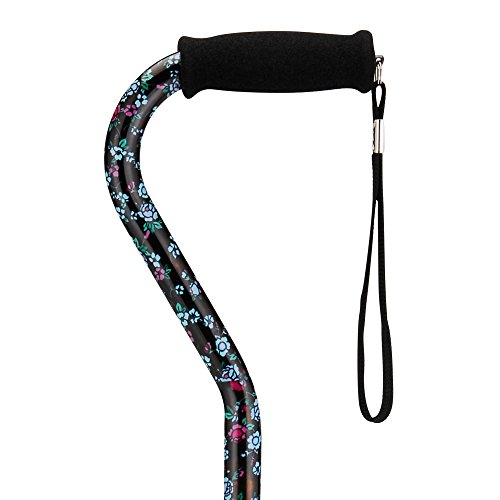 NOVA Designer Walking Cane with Offset Handle, Lightweight Adjustable Walking Stick with Carrying Strap, Black with Pink and Blue Flowers Design