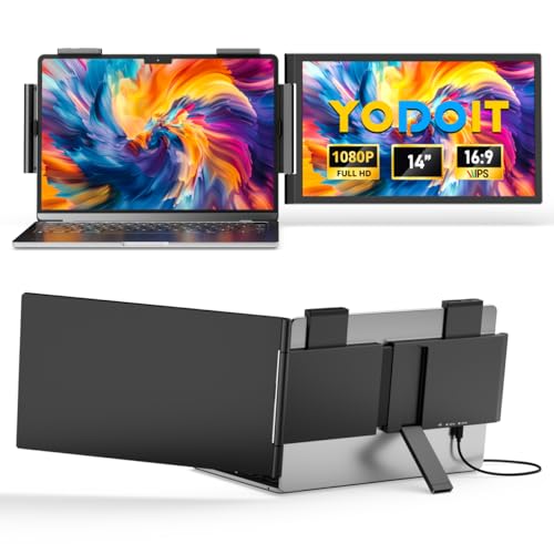 Yodoit Laptop Screen Extender, 1920 × 1080 14-Zoll-FHD-Reisemonitor Bildschirm Erweiterung mit USB-Typ-C-Anschluss und integrierten Lautsprechern, kompatibel mit PC, MacBook und Xbox