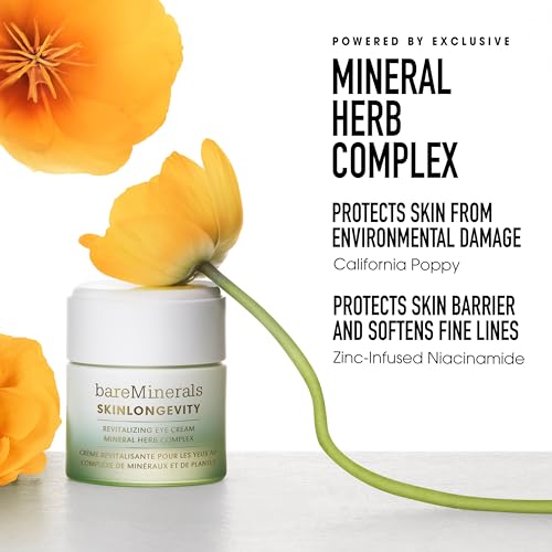 Bare Minerals bareMinerals Skinlongevity Revitalizing Eye Cream, For Brighter, Firmer Under-Eyes, Reduces Puffiness & Dark Circles, Vegan, Safe for Sensitive Skin