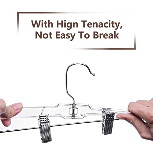 House Day Crystal Pants Hangers With Double Clips 100 Pack, Heavy Duty Slim Clear Skirt Hangers, Ridged Non-Slip With Adjustable Metal Clips, 360-Rotating Chrome Swivel Hook, 14 Inch #TOP6