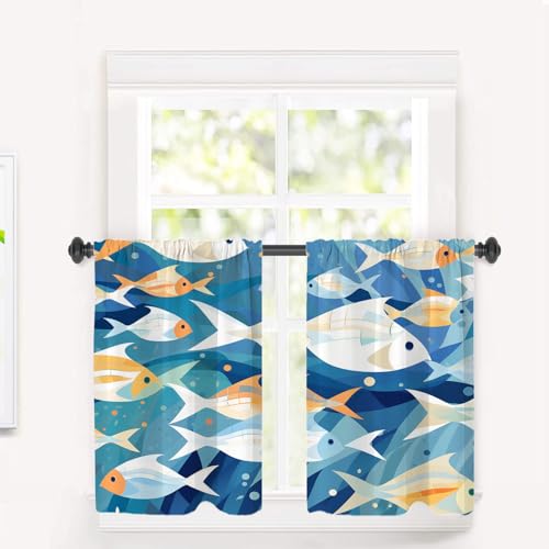 BaoNews School of Fish Blackout Tier Curtains, Colorful Underwater Scene Half Window Drapes for Kitchen with Rod Pocket,Room Darkening 2 Pack 26X36 Inches